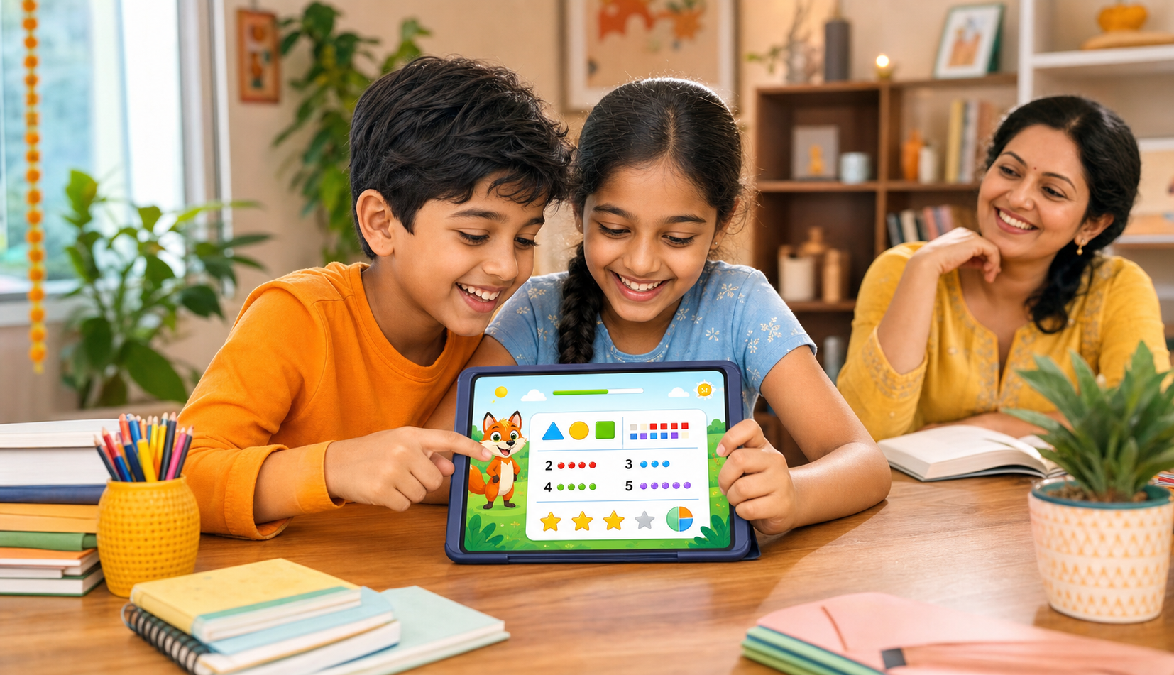 Indian children using MathDingo maths learning on a tablet