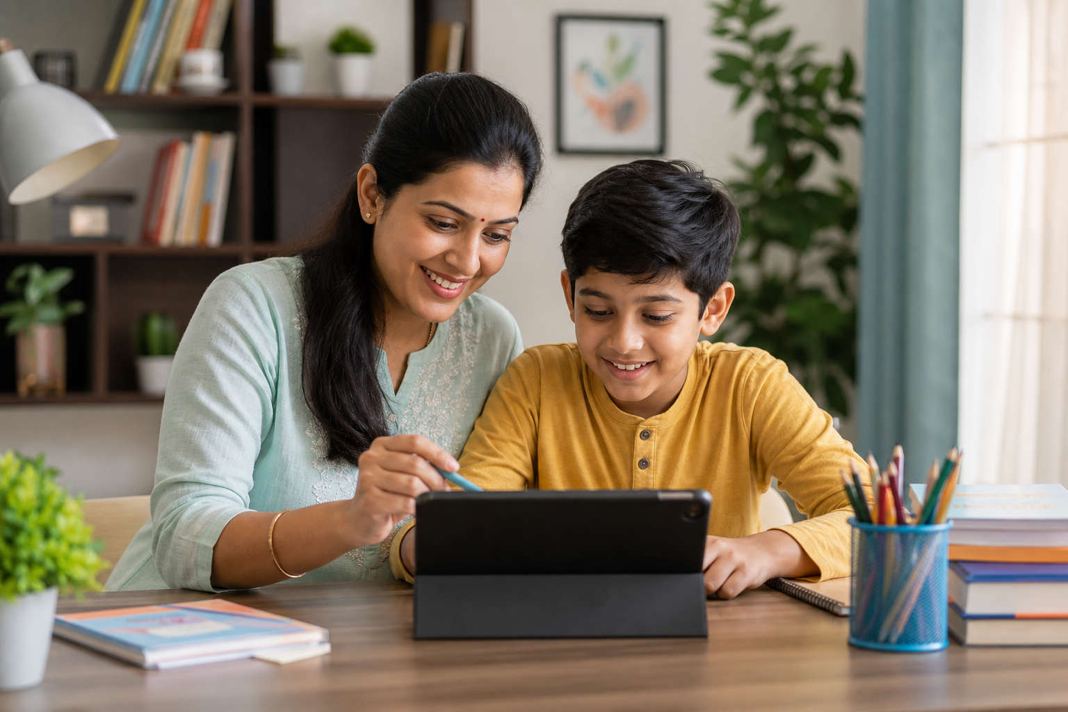 Indian parent helping a child practise maths with MathDingo
