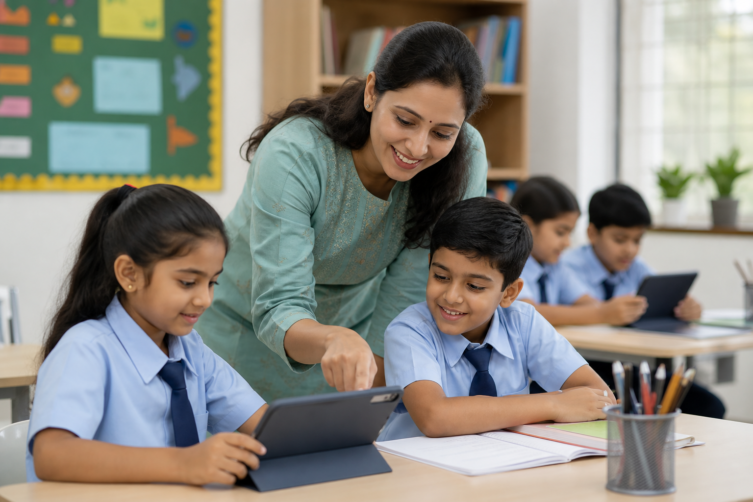 Indian teacher supporting children with maths learning